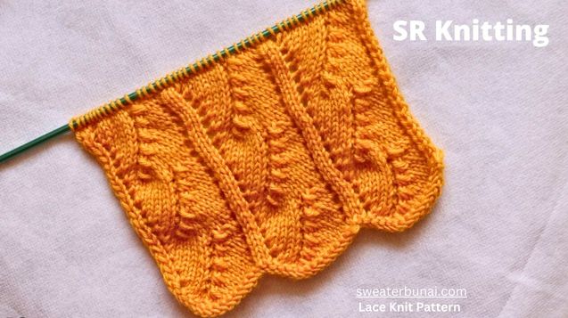 On a white background, the lace scalloped edge pattern is being knit with the help of a size ten straight needle using yellow-colored wool.