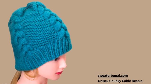 The doll wears a blue-colored Unisex Chunky Cable Beanie on its head.