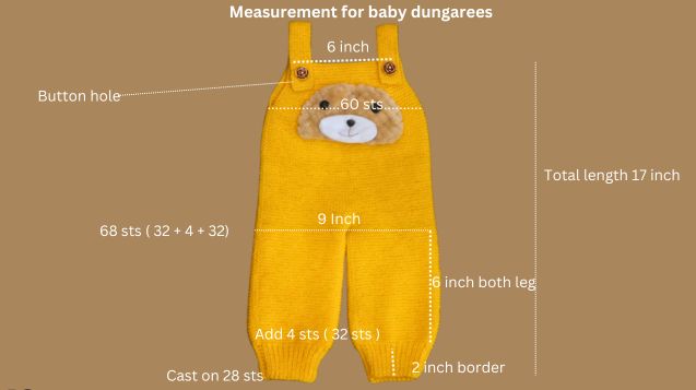 Yellow colored 8-month baby dungarees knitting pattern with step-by-step measurements displayed.