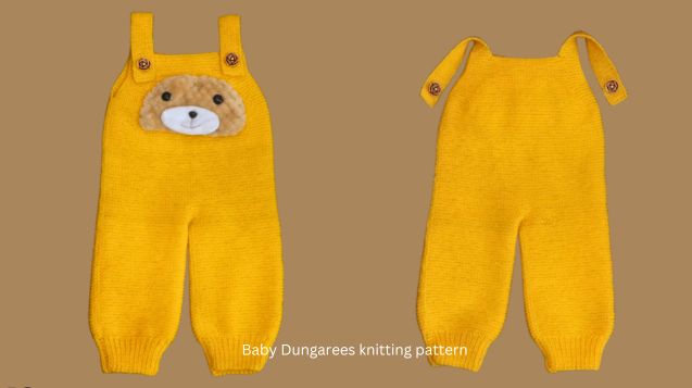 Hand-knitted front and back parts in charming yellow, featuring the baby dungarees knitting pattern.