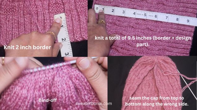Multiple images showing measurements of a brown woolen beanie.