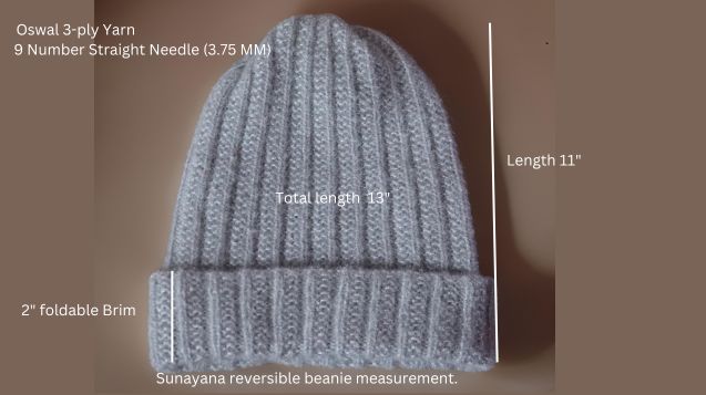 A hand-knitted gray color one-row reversible beanie pattern is displayed with measurements.