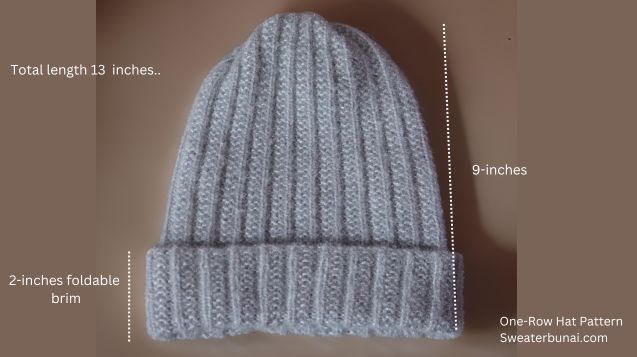 A hand-knitted gray color one-row reversible beanie pattern is displayed with measurements.