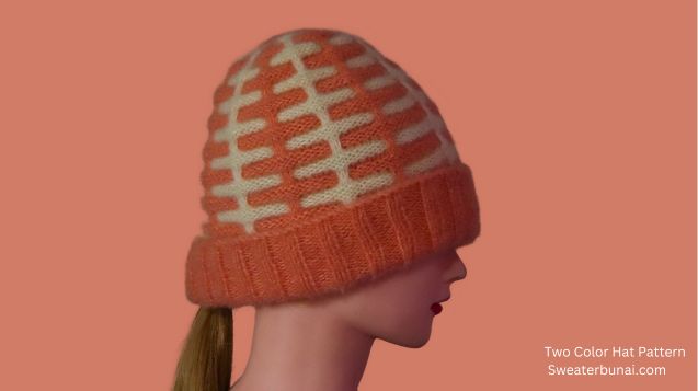 Two-color folded brim hat pattern by Sunayana, featuring a pink and white striped hat displayed on a mannequin head.