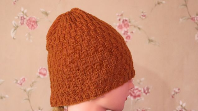 A brown knitted hat on a mannequin head, highlighting a unisex knit-purl hat stitch pattern with a pink background.