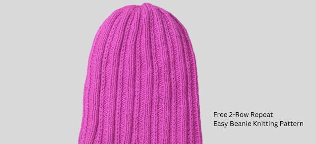 Hand-knitted easy beanie knitting pattern in pink color featuring a 2-row repeat design, perfect for beginners.