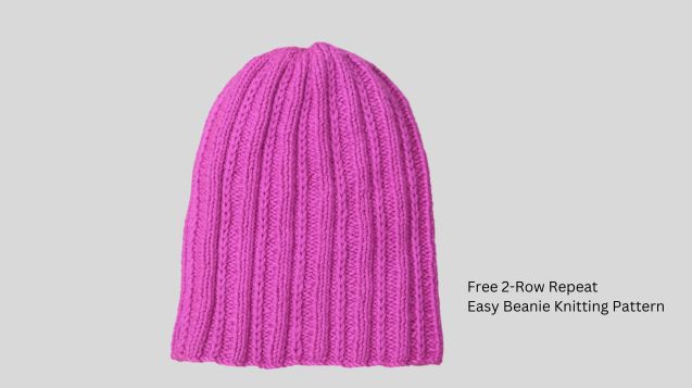 Hand-knitted easy beanie knitting pattern in pink color featuring a 2-row repeat design, perfect for beginners.