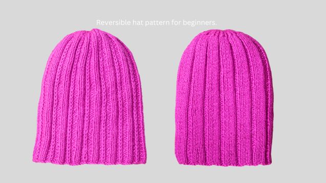 a reversible pink knitted hats displayed on a grey background, showcasing a unique knitting pattern