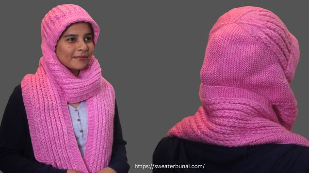 Sunayana’s pink knitted hooded scarf pattern shown on a model from front and back views, with a grey background.